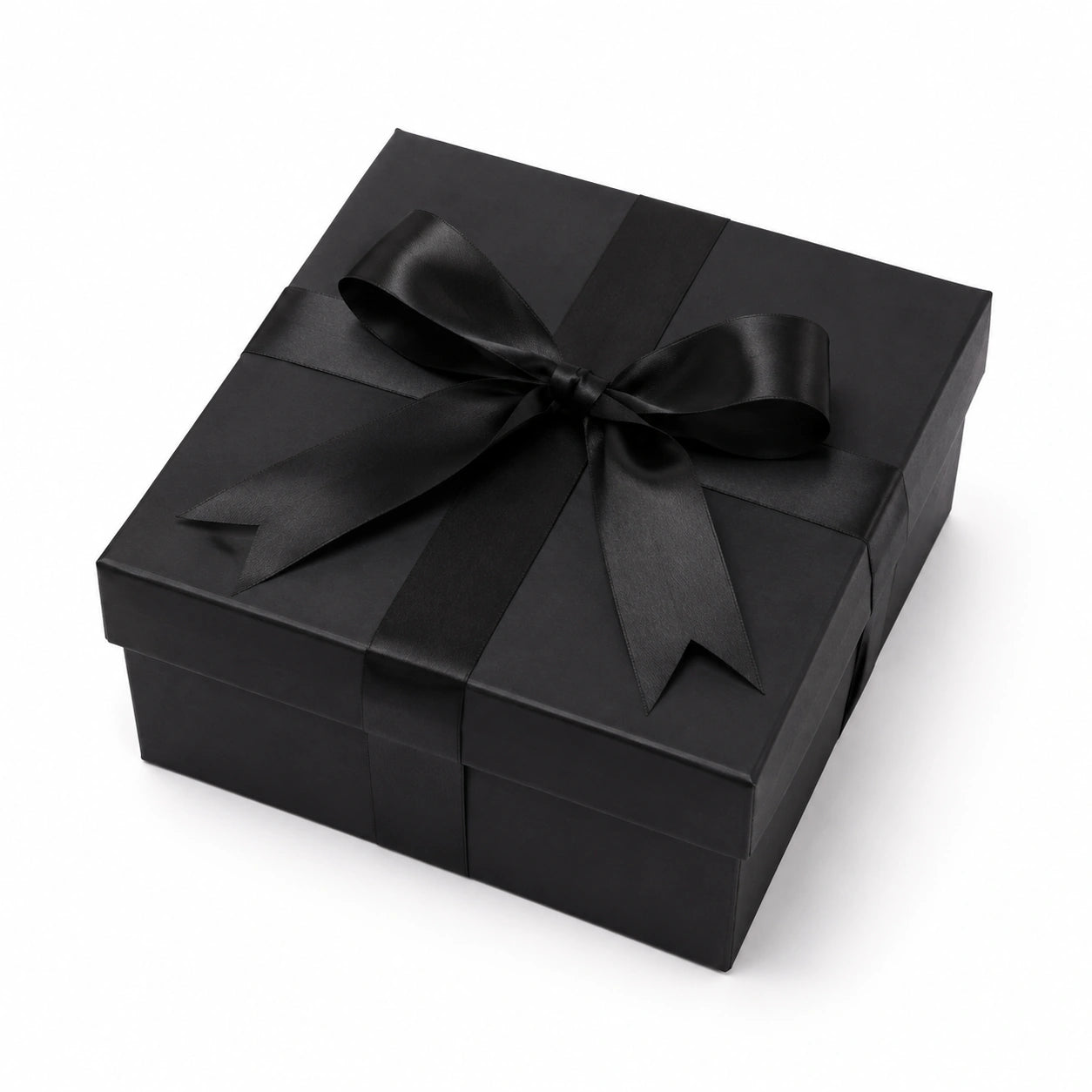 Coffret cadeau 20 x 20 x 8 cm en carton noir avec ruban satiné fermeture à nœud