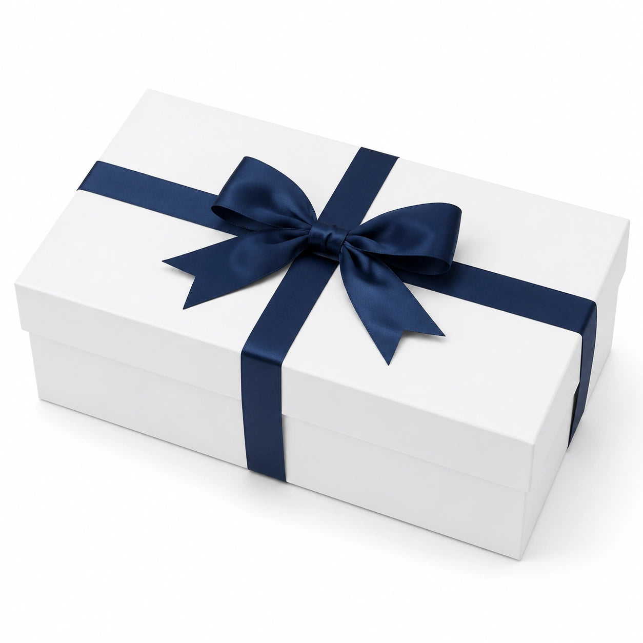 Boîte cadeau 30 x 20 x 10 cm en carton blanc avec ruban bleu marine style élégant