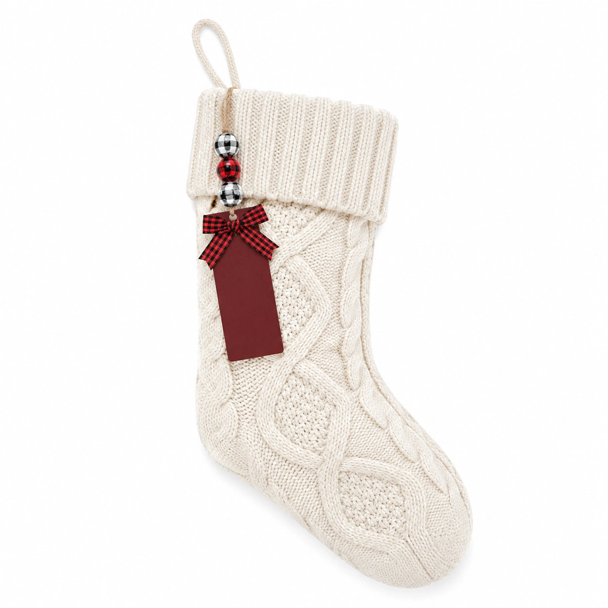 Chaussette décorative à suspendre 45 cm textile tricoté écru rouge style rustique