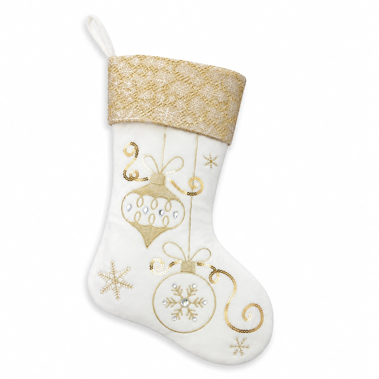 Chaussette de Noël taille unique en tissu blanc et doré à suspendre décorative