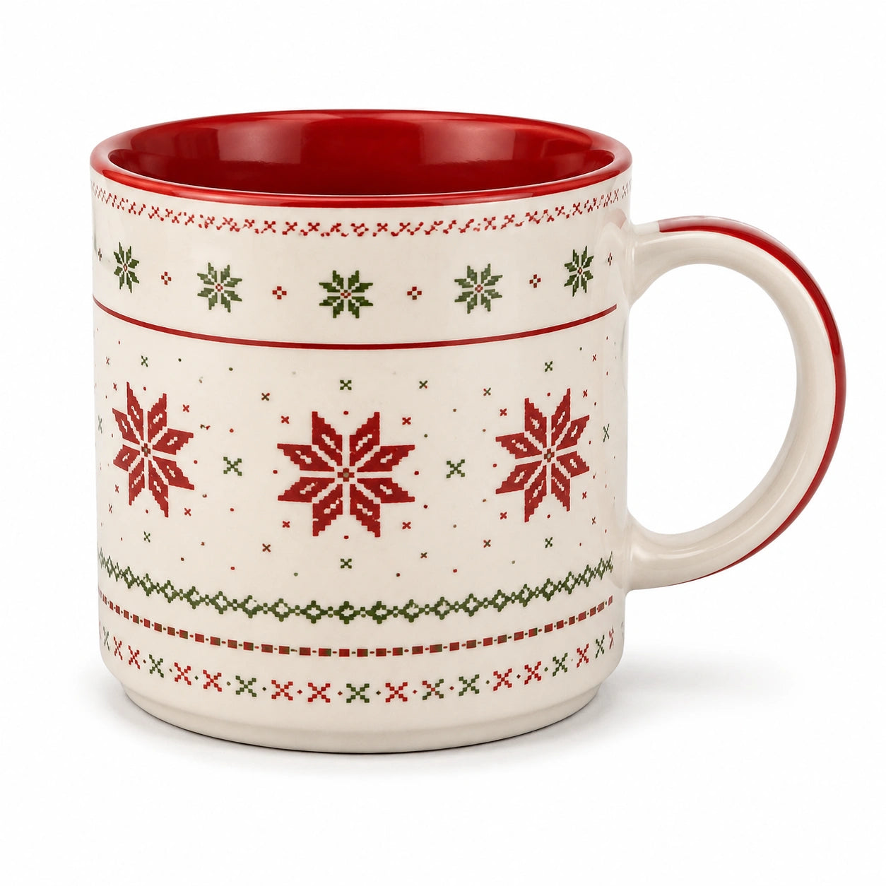 Mug en céramique 0.45 L rouge et blanc à motif flocons style traditionnel