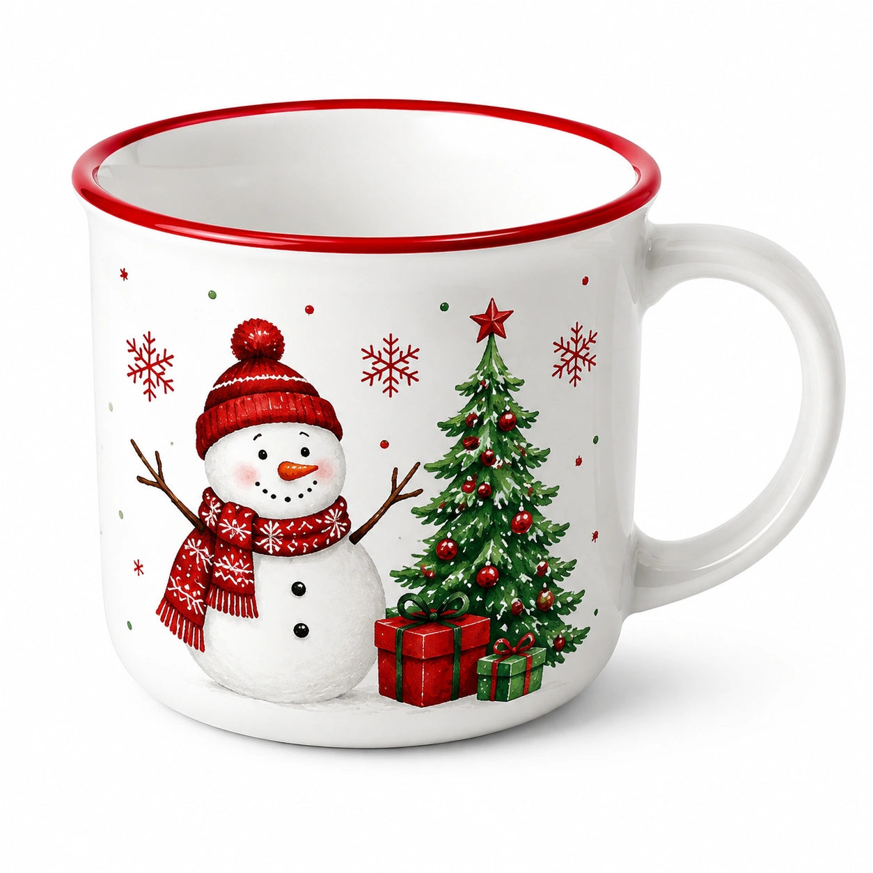 Tasse 350 ml en céramique blanche à motif hivernal rouge et vert