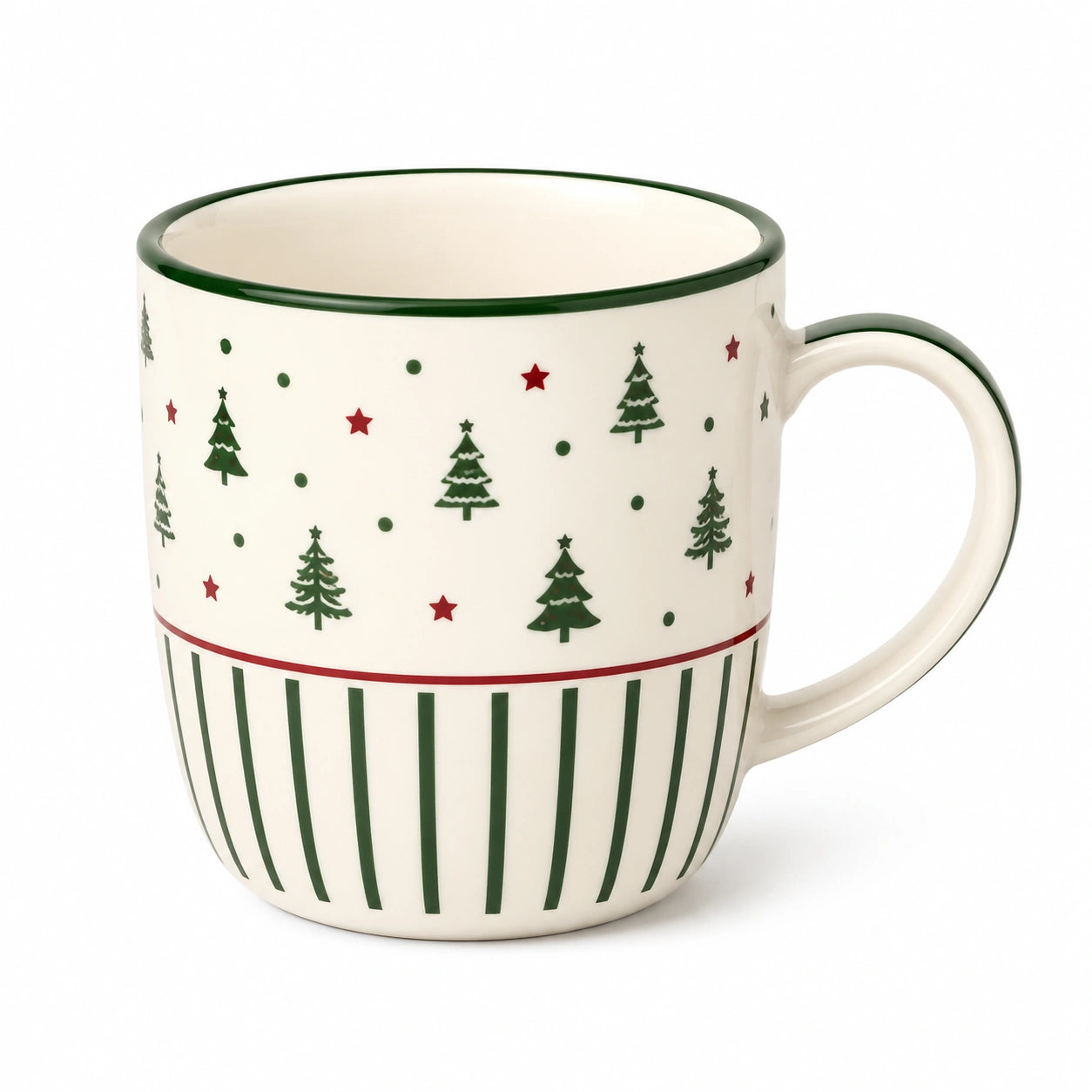 Mug en céramique 400 ml blanc vert rouge motif sapins poignée ronde