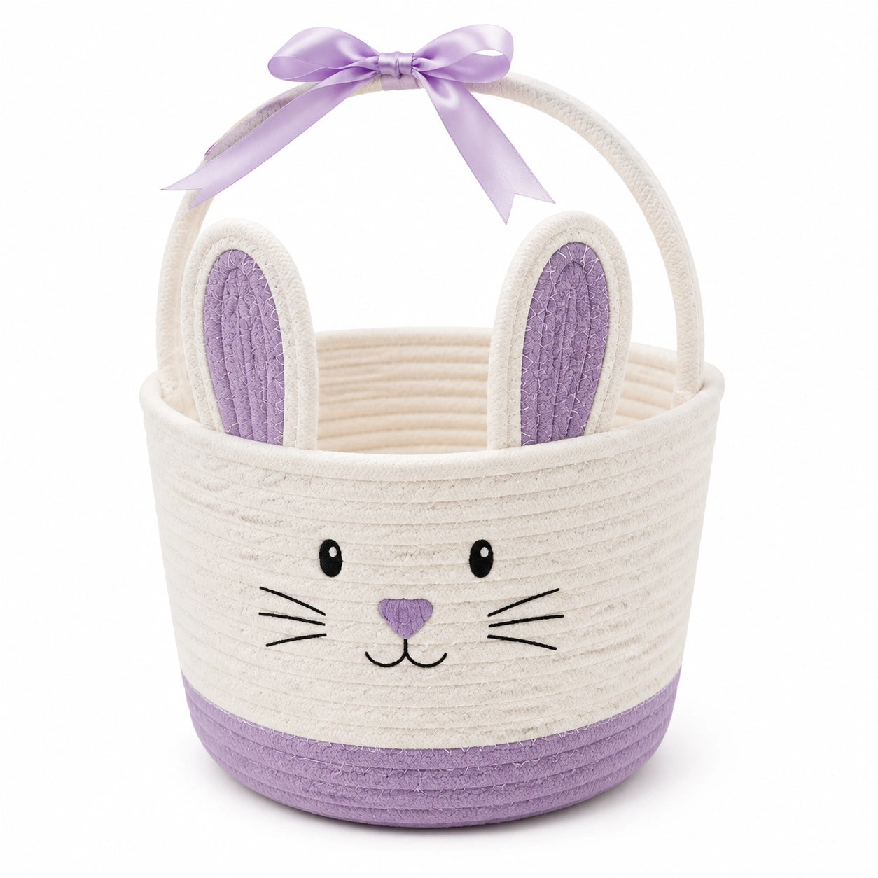 Panier de rangement rond 25 cm en coton blanc et violet à motif lapin avec poignée