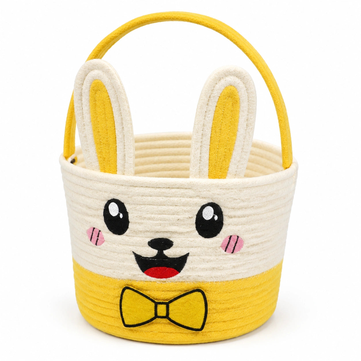 Panier de rangement rond 20 cm textile jaune et blanc avec poignées style lapin