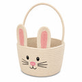 Panier de rangement rond 30 x 28 cm en coton beige rose motif lapin avec anse