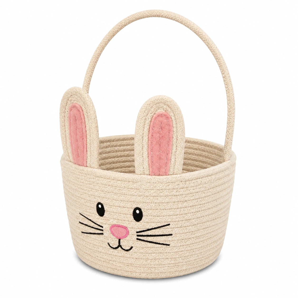 Panier de rangement rond 30 x 28 cm en coton beige rose motif lapin avec anse
