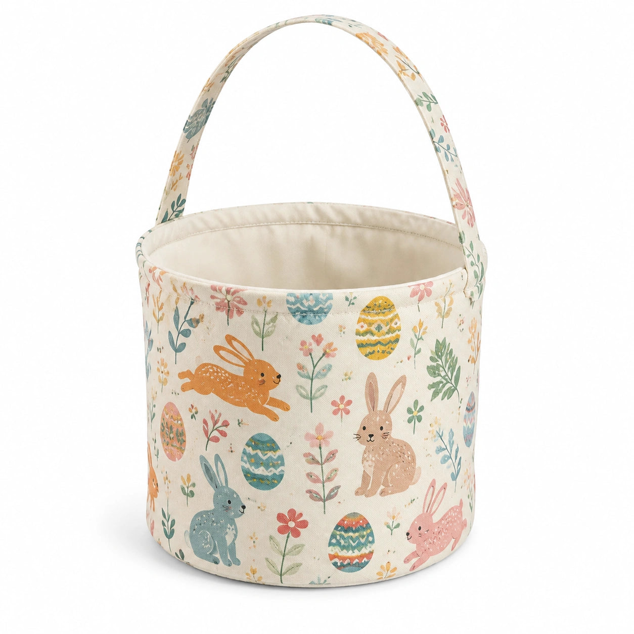 Panier de rangement rond 20 x 18 cm en tissu beige multicolore à poignée motifs lapins et fleurs