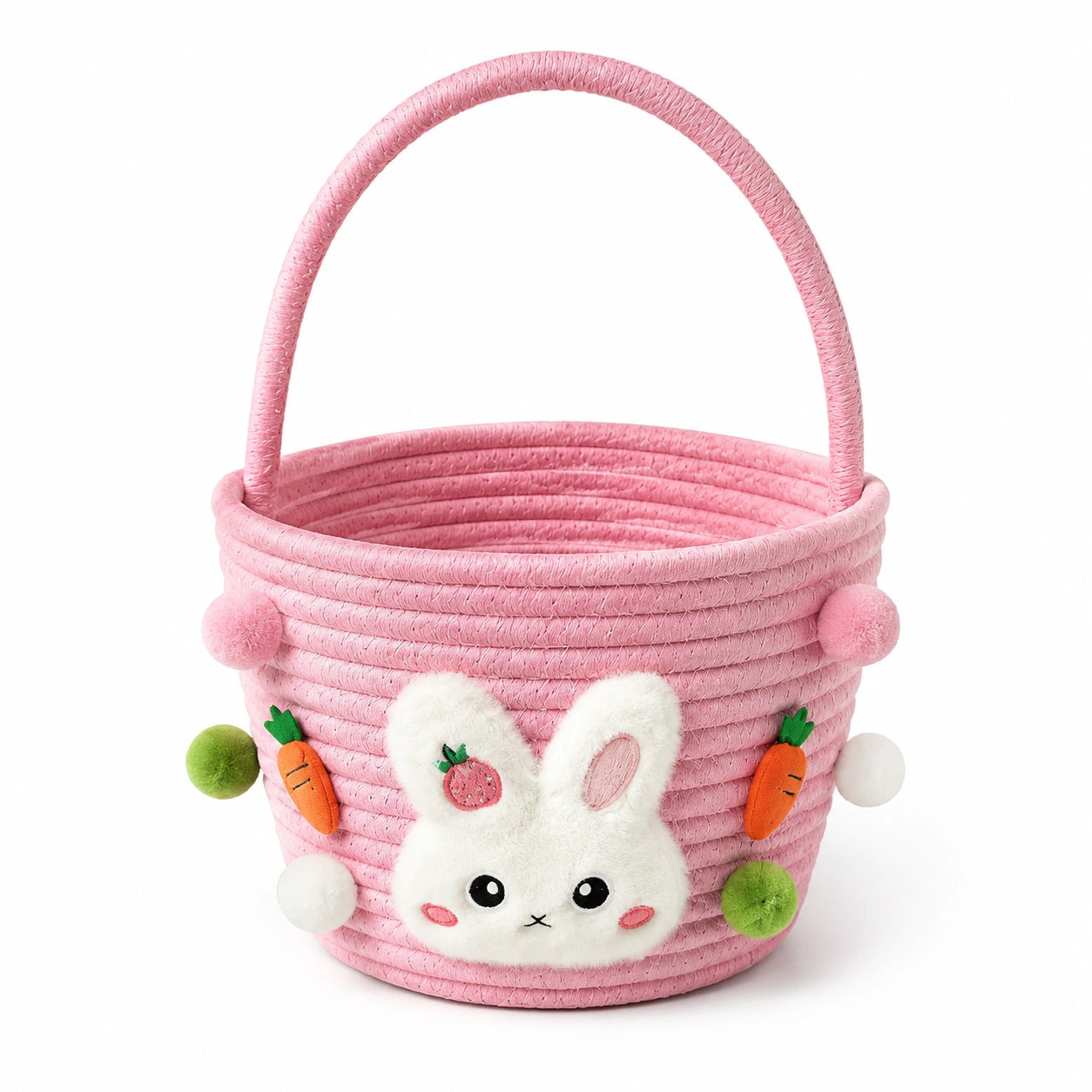 Panier de rangement rond 25 cm en corde de coton rose avec anse motif lapin