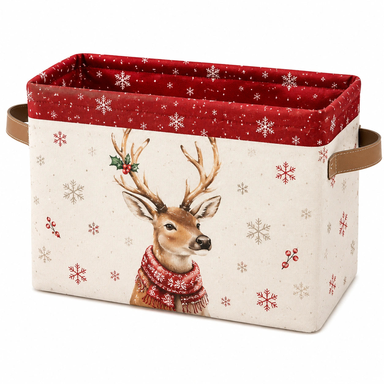 Panier de rangement rectangulaire 38 x 26 x 25 cm en tissu beige et rouge à motif renne avec poignées