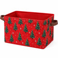 Boîte de rangement 38 x 26 x 25 cm en tissu rouge à motif sapins pliable avec poignées