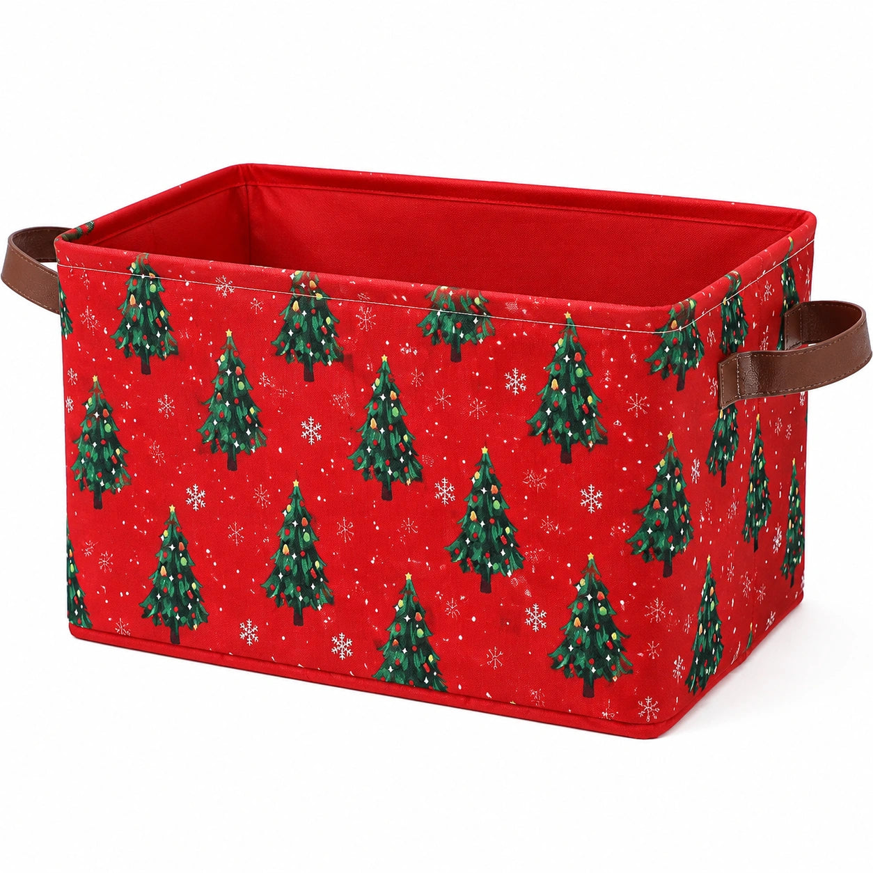 Boîte de rangement 38 x 26 x 25 cm en tissu rouge à motif sapins pliable avec poignées