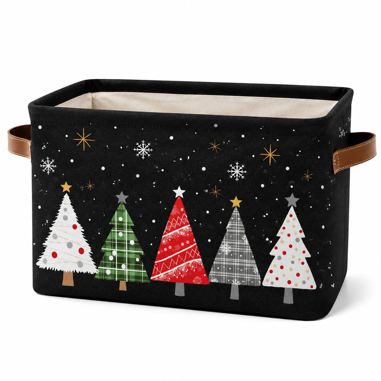 Panier de rangement 40 x 30 x 25 cm en tissu noir à poignées motif arbres et flocons