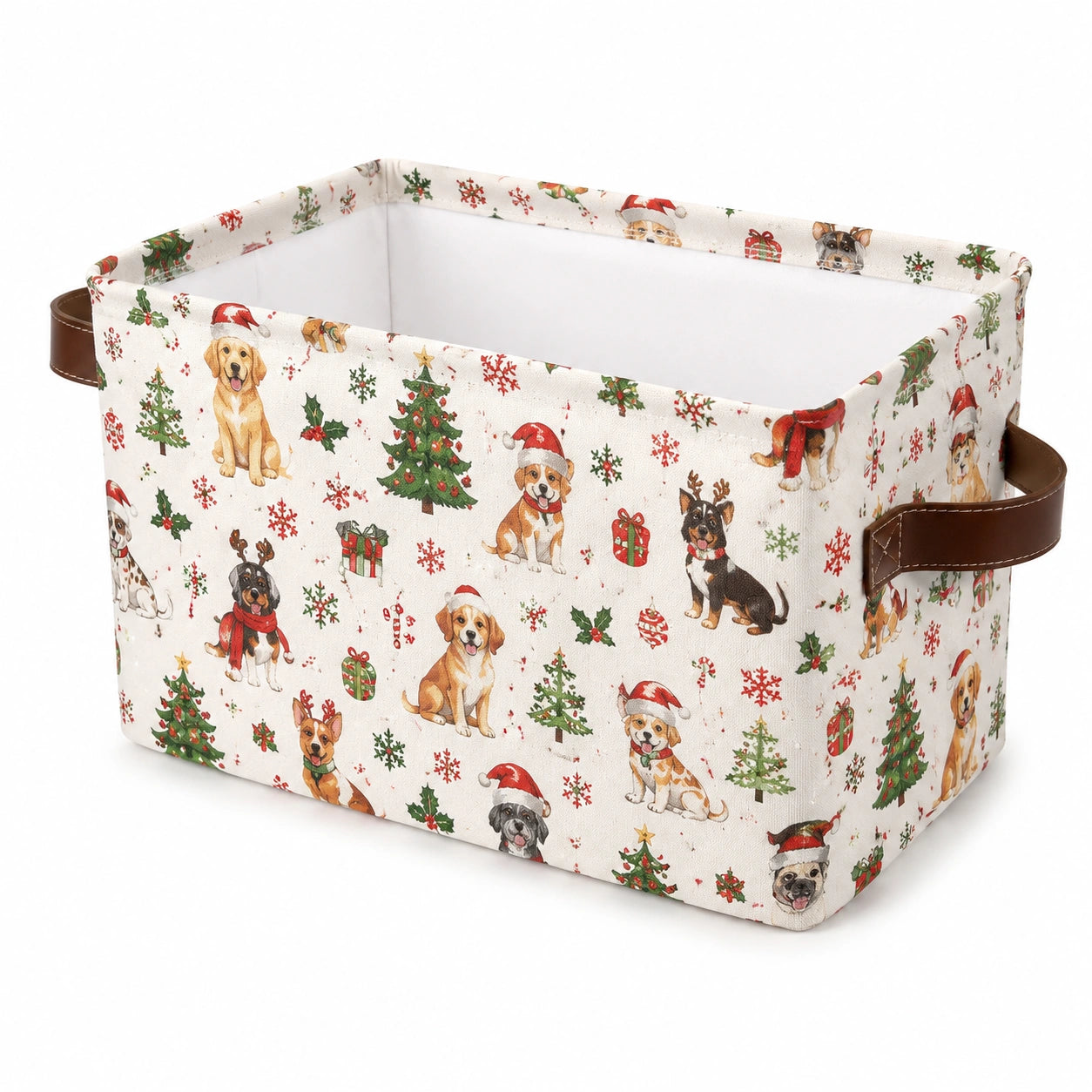 Panier de rangement 38 x 28 x 25 cm en tissu blanc à motifs chiens de Noël avec poignées