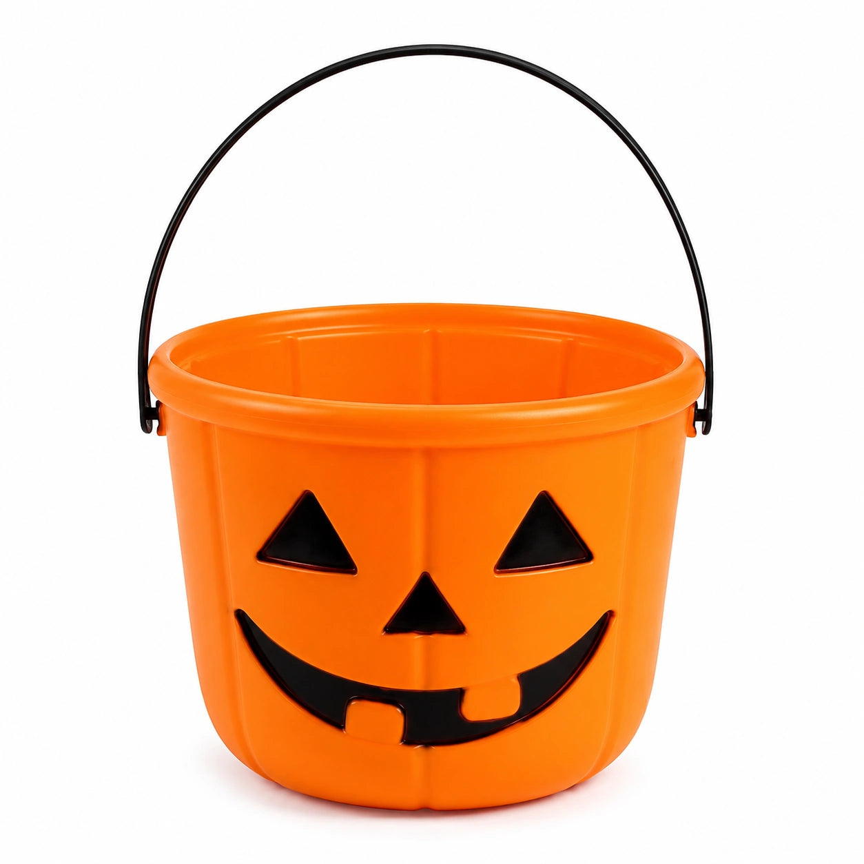 Seau à friandises rond 20 cm en plastique orange avec anse motif citrouille