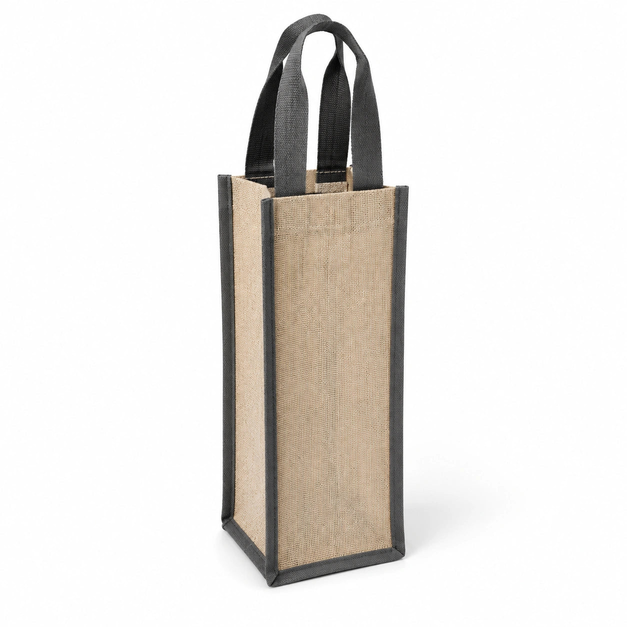 Sac porte-bouteille 12 x 12 x 35 cm en toile de jute beige et noir avec anses