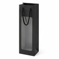 Sac cadeau pour bouteille 35 x 10 x 10 cm en carton noir avec fenêtre transparente et poignées tressées