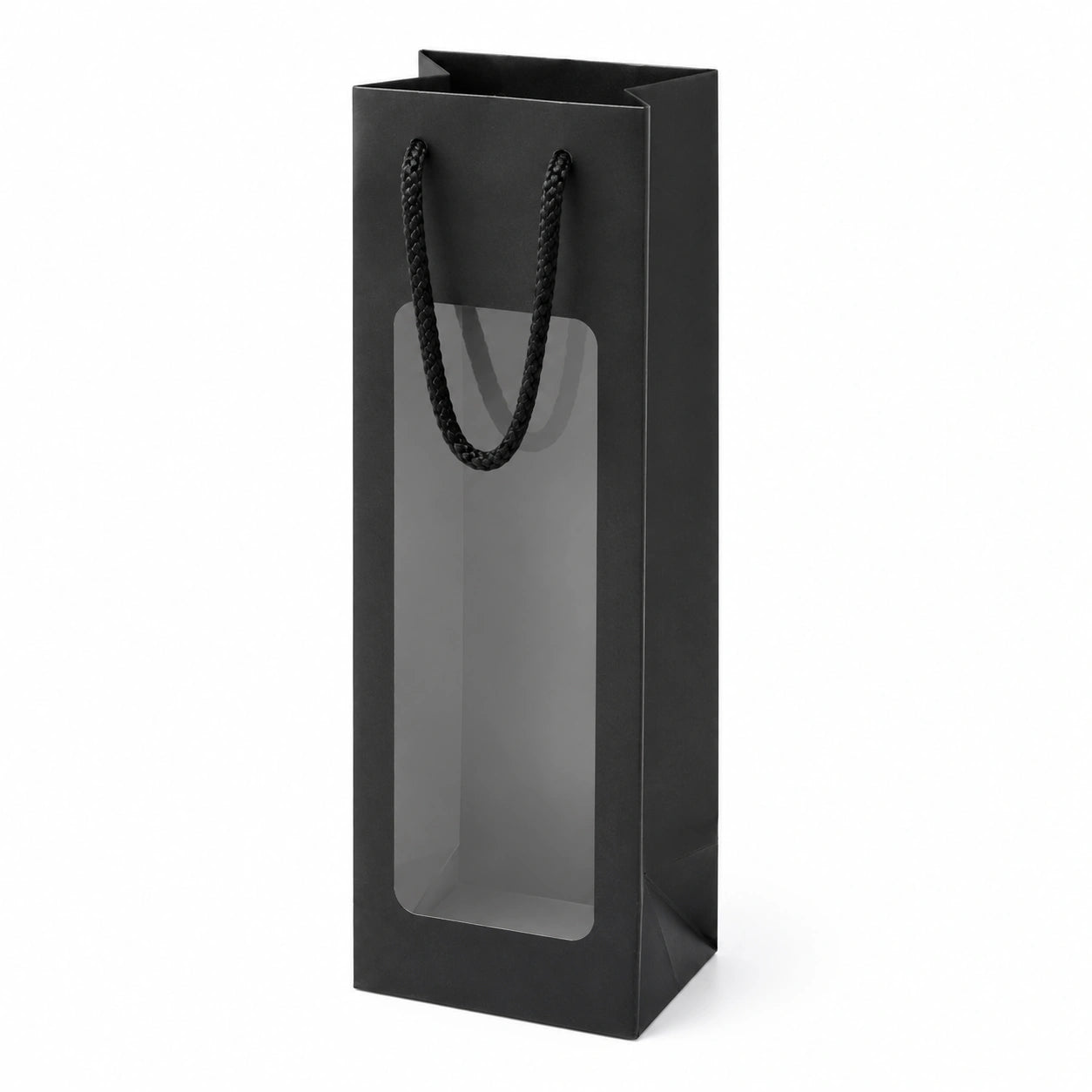 Sac cadeau pour bouteille 35 x 10 x 10 cm en carton noir avec fenêtre transparente et poignées tressées