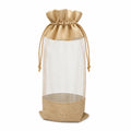 Sac cadeau pour bouteille 12 x 12 x 35 cm en tissu effet jute beige avec maille transparente et cordon coulissant