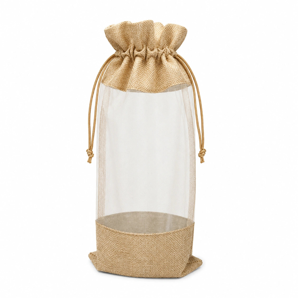 Sac cadeau pour bouteille 12 x 12 x 35 cm en tissu effet jute beige avec maille transparente et cordon coulissant