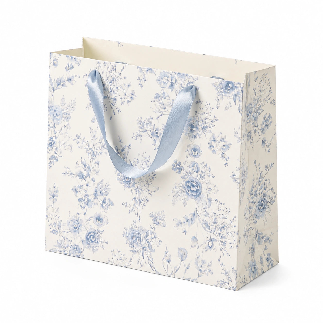 Sac cadeau 30 x 12 x 25 cm en papier blanc bleu à motif floral avec anses ruban