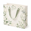 Sac cadeau 30 x 12 x 25 cm en papier blanc motif feuillage vert avec anses ruban