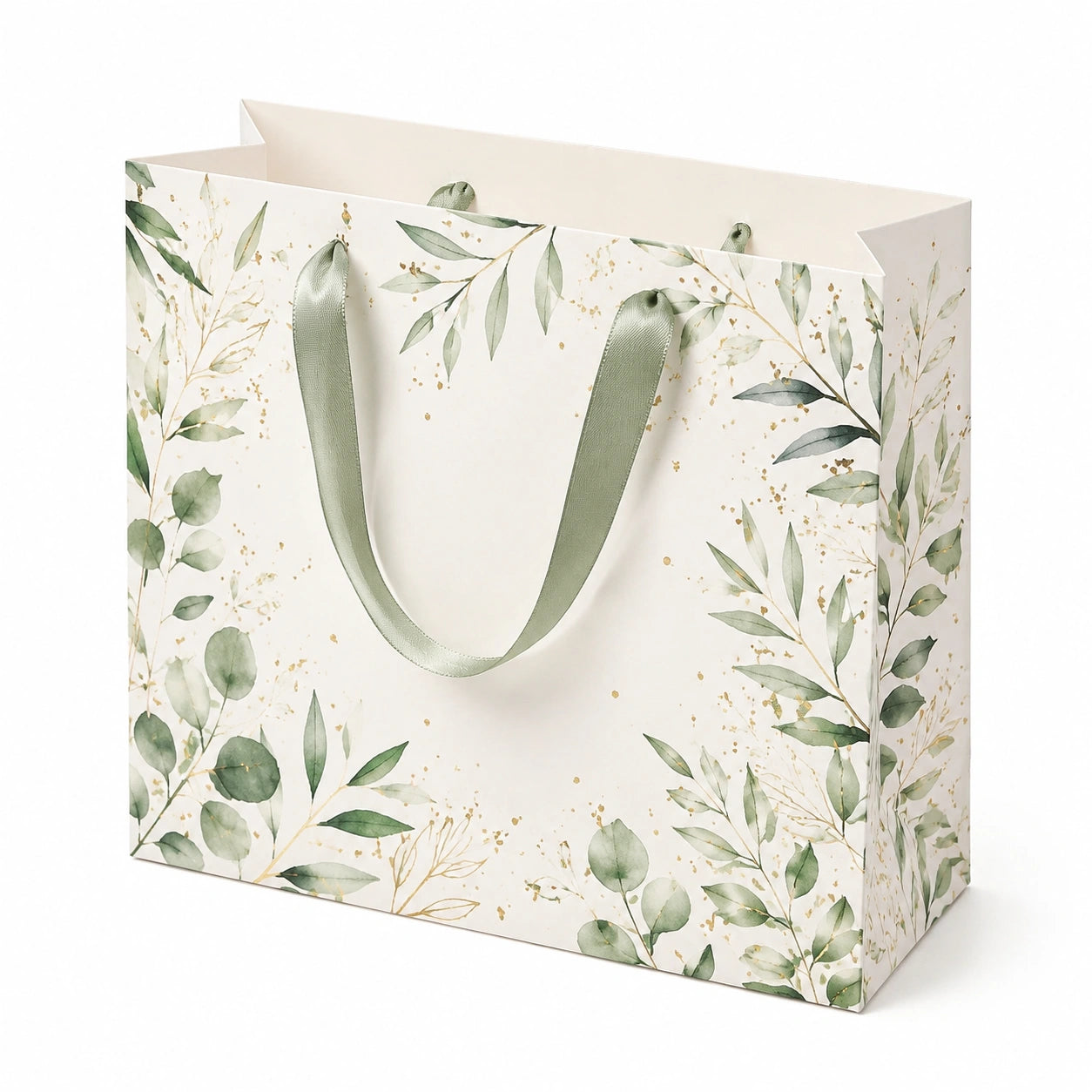 Sac cadeau 30 x 12 x 25 cm en papier blanc motif feuillage vert avec anses ruban