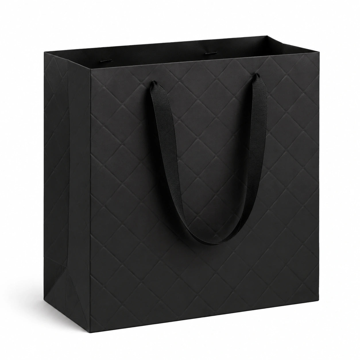 Sac cadeau 32 x 12 x 26 cm en papier cartonné noir à motif matelassé avec anses pour emballage élégant